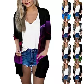 Женский модный свободный повседневный кардиган с карманами и принтом, куртка с рукавами из семи частей, топ L бежевый