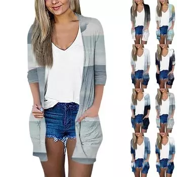 Женский модный свободный повседневный кардиган с карманами и принтом, куртка с рукавами из семи частей, топ XXL