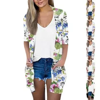 Женский модный свободный повседневный кардиган с карманами и принтом, куртка с рукавами из семи частей, топ XXXL