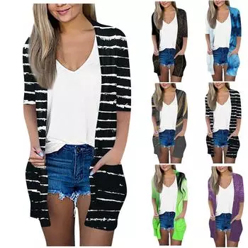 Женский модный свободный повседневный кардиган с карманом и принтом, куртка с седьмым рукавом, топ XL хаки