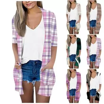 Женский модный свободный повседневный кардиган с карманом и принтом, куртка с седьмым рукавом, топ XL