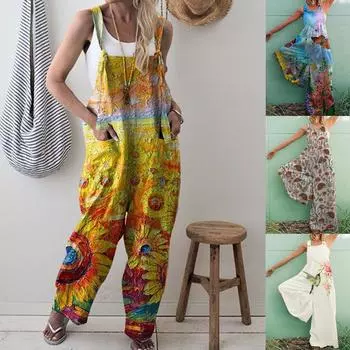 Женский модный свободный повседневный комбинезон с широкими штанинами и принтом больших размеров на спине L синий