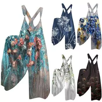 Женский модный свободный повседневный комбинезон с широкими штанинами и принтом больших размеров на спине L синий