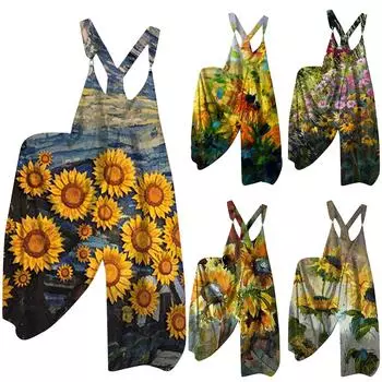 Женский модный свободный повседневный комбинезон с широкими штанинами и принтом больших размеров на спине M зелёный