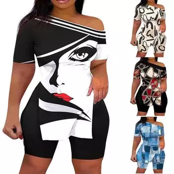 Женский модный свободный повседневный комплект без бретелек с принтом и шорты L бежевый