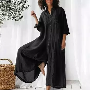 Женский модный свободный повседневный однотонный комбинезон с рукавами 3/4 и v-образным вырезом на пуговицах L чёрный