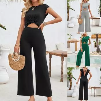 Женский модный свободный повседневный однотонный комбинезон с короткими рукавами и круглым вырезом L чёрный