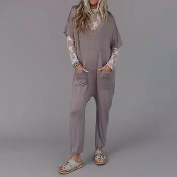 Женский модный свободный повседневный однотонный комбинезон с длинным рукавом и v-образным вырезом L