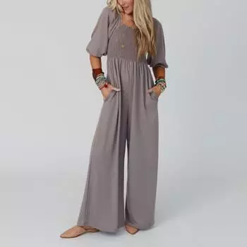 Женский модный свободный повседневный однотонный комбинезон с длинным рукавом и v-образным вырезом L чёрный