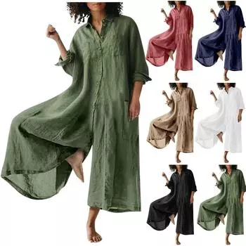 Женский модный свободный повседневный однотонный комбинезон с рукавами 3/4 и v-образным вырезом на пуговицах XXXXL