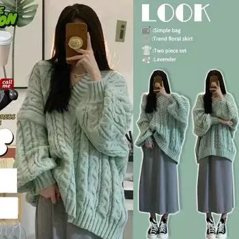 Женский модный свободный серый зимний свитер с V-образным вырезом, верхняя одежда в стиле праздного отдыха, вязаный топ, пуловеры для сезона осень/зима One Size зелёный