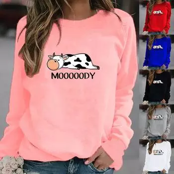 Женский модный свободный свитер с круглым вырезом и длинными рукавами с принтом коровы, топ XL белый