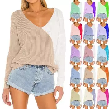 Женский модный свободный свитер с V-образным вырезом и длинными рукавами, вязаный повседневный свитер XXXL розовый