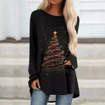 Женский модный свободный свитер средней длины с круглым вырезом и рождественским принтом, рукава реглан, повседневный топ с длинными рукавами L чёрный