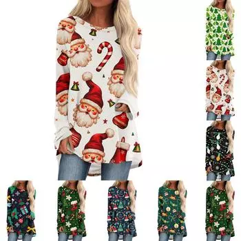 Женский модный свободный свитер средней длины с круглым вырезом и рождественским принтом, рукава реглан, повседневный топ с длинными рукавами L красный