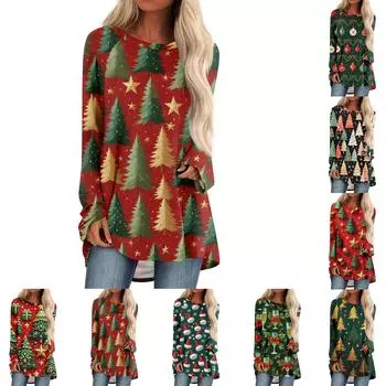 Женский модный свободный свитер средней длины с круглым вырезом и рождественским принтом, рукава реглан, повседневный топ с длинными рукавами S