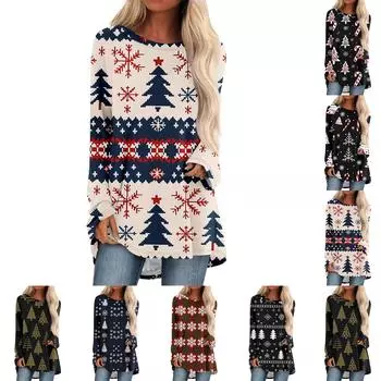 Женский модный свободный свитер средней длины с круглым вырезом и рождественским принтом, рукава реглан, повседневный топ с длинными рукавами S