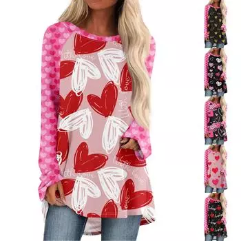 Женский модный свободный свитер средней длины с круглым вырезом, с принтом ко Дню святого Валентина, рукавами реглан, с длинными рукавами, повседневный топ L чёрный