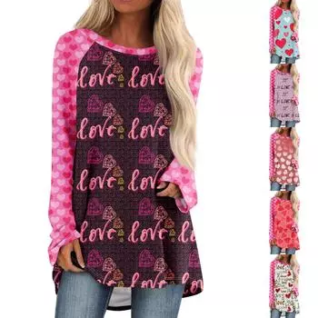 Женский модный свободный свитер средней длины с круглым вырезом, с принтом ко Дню святого Валентина, рукавами реглан, с длинными рукавами, повседневный топ L чёрный
