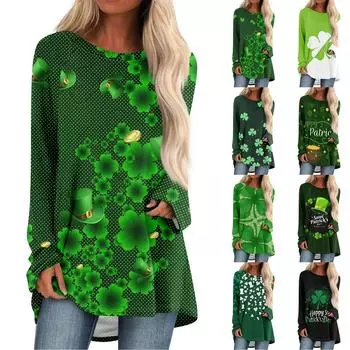 Женский модный свободный свитер средней длины с круглым вырезом St. Повседневный топ с длинными рукавами и принтом ко Дню Святого Патрика с рукавами реглан L белый
