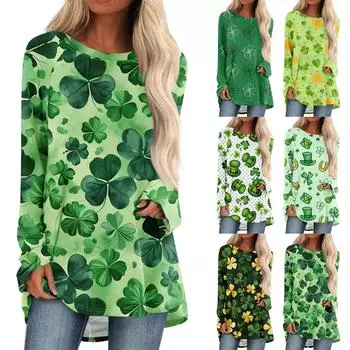 Женский модный свободный свитер средней длины с круглым вырезом St. Повседневный топ с длинными рукавами и принтом ко Дню Святого Патрика с рукавами реглан XXXL зелёный