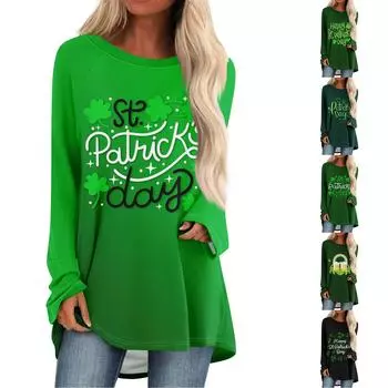 Женский модный свободный свитер средней длины с круглым вырезом St. Повседневный топ с длинными рукавами и принтом ко Дню Святого Патрика с рукавами реглан XL зелёный