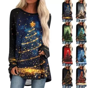 Женский модный свободный свитер средней длины с круглым вырезом и рождественским принтом, рукава реглан, повседневный топ с длинными рукавами XXXL тёмно-синий