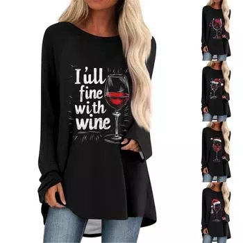 Женский модный свободный свитер средней длины с круглым вырезом и рождественским принтом, рукава реглан, повседневный топ с длинными рукавами XL винный