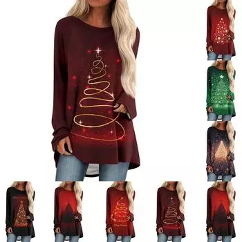 Женский модный свободный свитер средней длины с круглым вырезом и рождественским принтом, рукава реглан, повседневный топ с длинными рукавами XXL зелёный