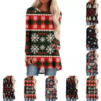 Женский модный свободный свитер средней длины с круглым вырезом и рождественским принтом, рукава реглан, повседневный топ с длинными рукавами XL тёмно-синий
