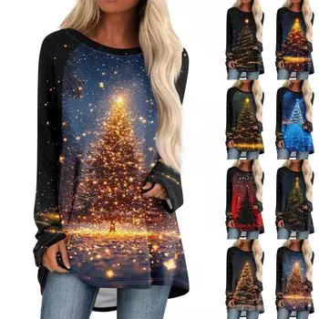 Женский модный свободный свитер средней длины с круглым вырезом и рождественским принтом, рукава реглан, повседневный топ с длинными рукавами L золотой