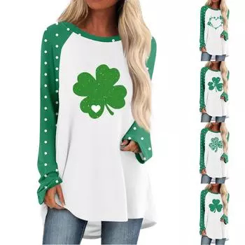 Женский модный свободный свитер средней длины с круглым вырезом St. Повседневный топ с длинными рукавами и принтом ко Дню Святого Патрика с рукавами реглан XXXL зелёный