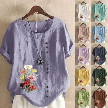 Женский модный свободный топ с круглым вырезом из хлопка и льна с короткими рукавами и принтом XXXL жёлтый