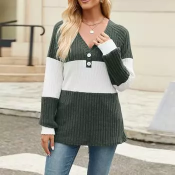 Женский модный свободный трикотажный топ с V-образным вырезом и длинными рукавами в полоску в стиле пэчворк L армия зеленый