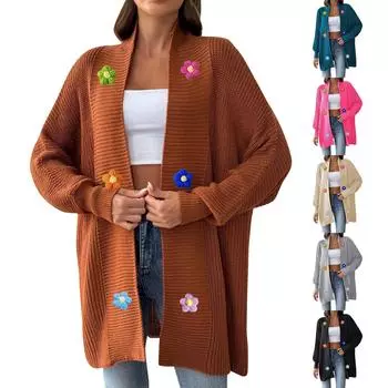 Женский модный свободный вязаный крючком вручную цветочный кардиган-свитер One Size чёрный