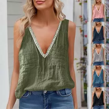 Женский модный свободный жилет без рукавов из хлопка и льна, однотонный, с V-образным вырезом и карманом S