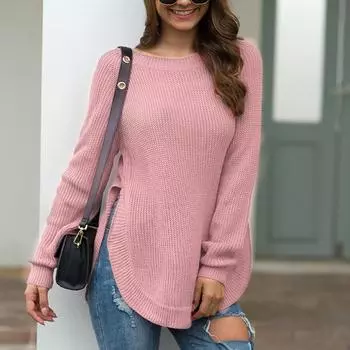 Женский модный темпераментный повседневный джемпер с высоким разрезом и круглым вырезом с длинными рукавами S