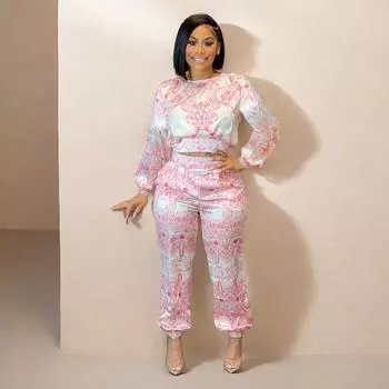 Женский модный темпераментный повседневный костюм из двух частей с длинным рукавом и принтом на шнуровке S розовый