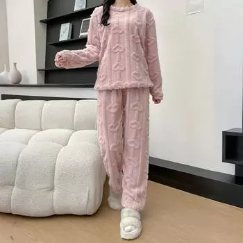 Женский модный теплый топ, повседневные хлопковые брюки, домашний однотонный пижамный комплект One Size розовый