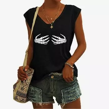Женский модный топ без рукавов с принтом, летняя повседневная рубашка с V-образным воротником, жилет, женский пуловер, майка S чёрный