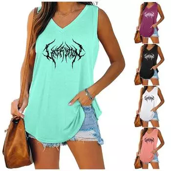 Женский модный топ без рукавов с v-образным вырезом, летний повседневный топ с лямкой на шее, футболка с принтом, пуловер Laides, свободная майка S чёрный