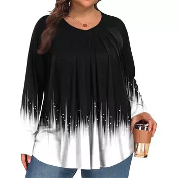 Женский модный топ большого размера с принтом, повседневный плиссированный, с круглым вырезом и длинными рукавами XXL