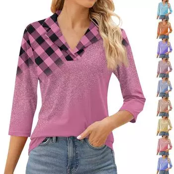 Женский модный топ для отдыха с семиточечным рукавом и V-образным вырезом, со вставками на манжетах и принтом L светло-фиолетовый