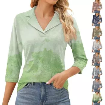 Женский модный топ для отдыха с семиточечным рукавом и V-образным вырезом, со вставками на манжетах и принтом L