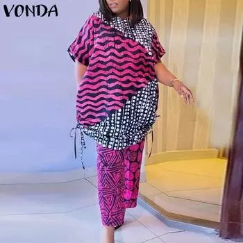 Женский модный топ и брюки большого размера с круглым вырезом, короткими рукавами и принтом в горошек M ярко-розовый