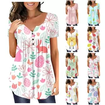 Женский модный топ на пуговицах с коротким рукавом и v-образным вырезом с пасхальным принтом XXL