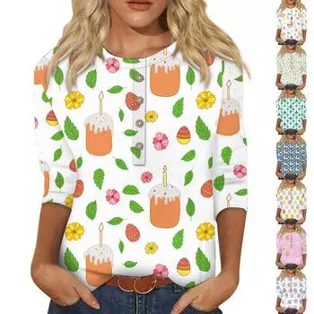 Женский модный топ на пуговицах с семиточечным рукавом и круглым вырезом с принтом L бежевый