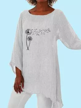 Женский модный топ с длинными рукавами и принтом 3/4, весенне-летние тонкие хлопковые льняные блузки, женские повседневные свободные рубашки с круглым вырезом и нерегулярным подолом S белый