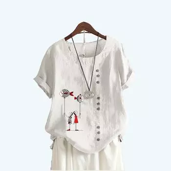 Женский модный топ с короткими рукавами и принтом, летняя повседневная хлопковая льняная футболка с круглым вырезом, пуловер, свободные блузки S белый