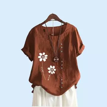 Женский модный топ с короткими рукавами и принтом, повседневная летняя футболка с круглым вырезом, женские свободные блузки больших размеров S коричневый